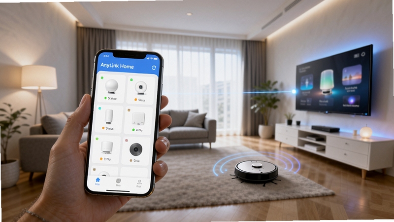 ��ͼ��ʾ�ʣ�A wide-angle shot of a hand holding a smartphone with the AnyLink Home app open, showing a grid of connected smart home devices with status indicators. In the background, a bright modern living room features smart lights, a robot vacuum, and a smart TV, all subtly glowing with connectivity lines, photorealistic style, soft natural lighting, high definition.