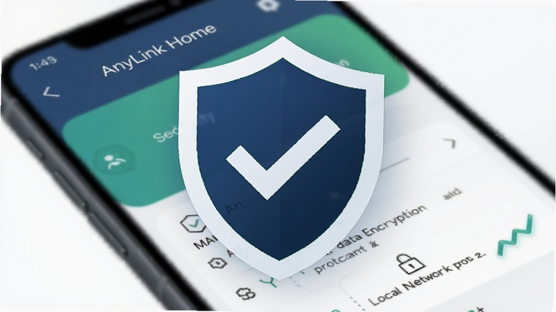 ��ͼ��ʾ�ʣ�A close-up digital illustration of a security shield icon with a checkmark, overlaid on a blurred background of a smartphone showing the AnyLink Home app security settings page, emphasizing data encryption and local network protection, dark blue and green accent colors, modern tech style, high clarity.