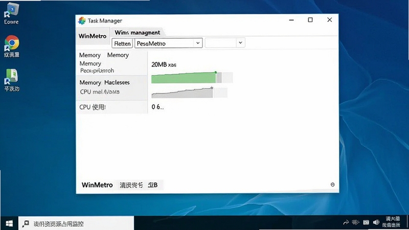 WinMetro 资源占用监控图,画面显示任务管理器窗口,WinMetro 进程占用内存仅 20MB,CPU 使用率近乎为零,背景为简洁桌面,风格数据清晰。