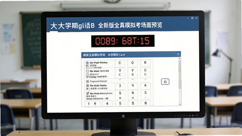 大学英语B 全新版全真模拟考场界面预览图,屏幕显示考试倒计时和答题卡,背景为简洁的考试风格,整体严肃专业,突出模拟考试的真实感