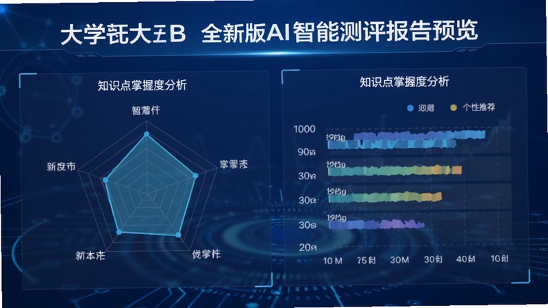大学英语B 全新版AI智能测评报告预览图,界面展示雷达图与知识点掌握度分析,背景为科技蓝,配以数据图表,突出智能分析与个性化推荐功能