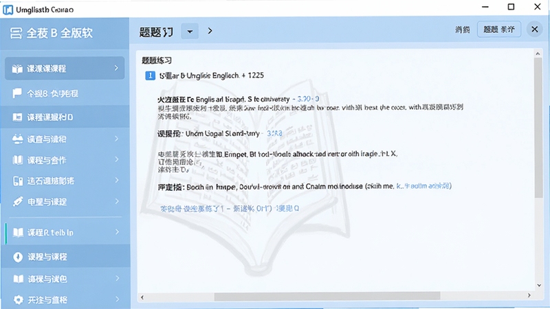 一张展示大学英语B 全新版软件主界面的高清截图,界面左侧为课程列表,右侧为题目练习区域,背景为淡蓝色学习风格,整体画面清晰明亮,突出软件核心功能,居中展示,适合软件下载站预览图风格