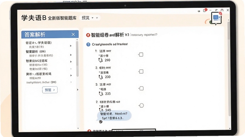 大学英语B 全新版智能题库界面预览图,屏幕展示选择题作答页面,左侧有答案解析区域,背景为暖白色,整体风格简洁专业,突出智能组卷和解析功能