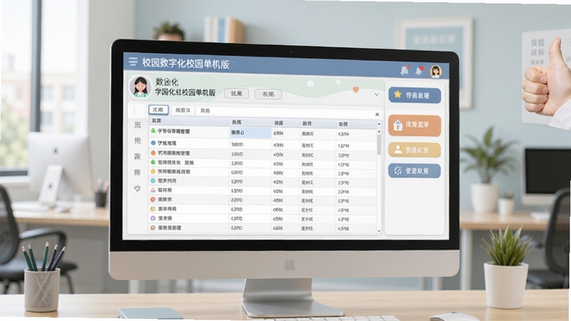 校园数字化管理软件主界面预览图,背景为整洁的学校办公室,电脑屏幕显示大拇指数字化校园单机版的学生信息管理表格,界面清晰,色彩柔和,突出数据列表与功能按钮,整体风格写实明亮