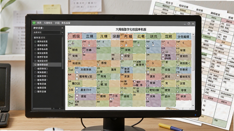 大拇指数字化校园单机版课表编排界面,屏幕显示彩色网格课表,包含班级名称和课程名称,左侧有教师资源列表,背景为办公桌上的纸质课表,画面清晰明亮