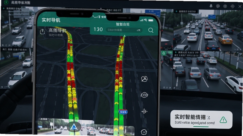 高图导航地图实时实时路况信息展示图,画面主体为手机导航界面,道路以红黄绿三色高亮显示拥堵状态,背景为城市交通监控画面,整体风格现代科技感,突出实时数据与智能提醒功能