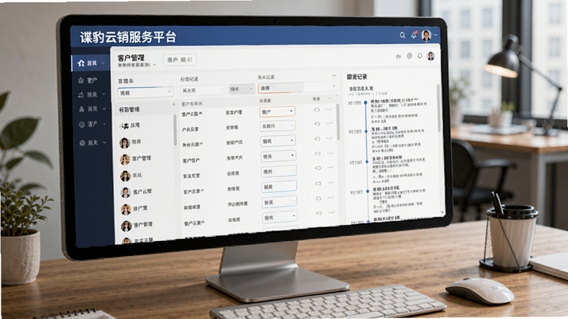 谍豹云销服务平台客户管理界面,展示客户列表、标签筛选、跟进记录时间线,界面清晰,数据丰富,背景为办公桌面,突出软件名称与客户管理功能