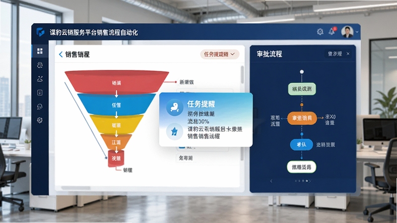 谍豹云销服务平台销售流程自动化界面,显示销售漏斗图、任务提醒弹窗、审批流程节点,色彩鲜明,强调自动化功能,背景为现代办公室场景