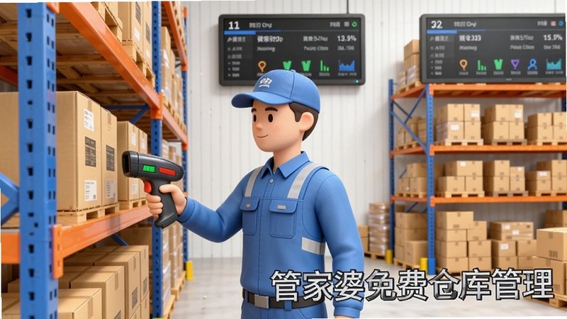 一幅现代仓库管理场景的3D渲染图,画面中央是一位穿着工作服的仓库管理员手持扫码枪,正对着货架上的商品扫码,背景是整齐堆放的纸箱和货架,货架上方有电子显示屏显示库存数据,画面右下角醒目地标注