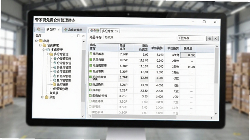 一幅展示多仓库管理界面的电脑截图风格示意图,屏幕中显示管家婆免费仓库管理软件的多仓库列表,左侧是仓库树形结构,右侧是商品库存表格,包含单位换算栏,背景虚化处理,突出软件界面清晰直观