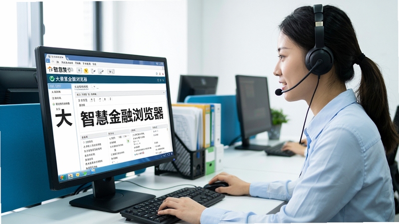 一张客服人员正在电脑前解答问题的图片,屏幕上显示大智慧金融浏览器的界面,背景为办公环境,色调明亮,突出软件名称“大智慧金融浏览器”