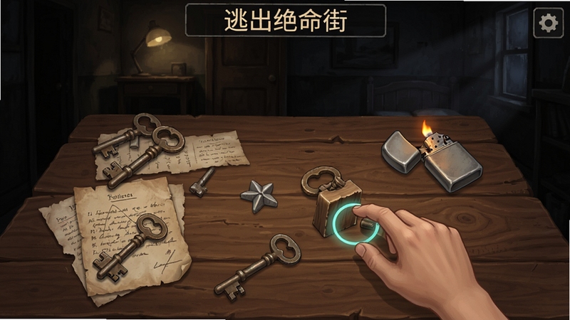 逃出绝命街解谜界面截图,屏幕上显示一个木质桌面,上面散落着旧钥匙、纸条、打火机等道具,玩家正拖拽道具进行组合,界面UI简洁,背景是昏暗的房间,画面清晰,突出解谜元素