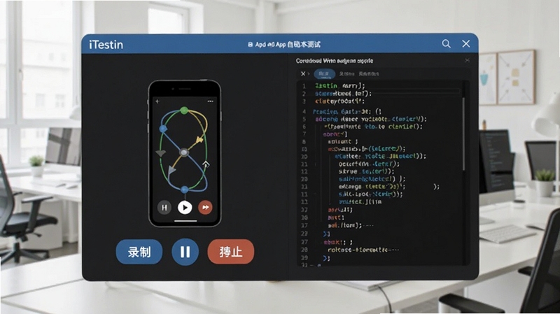 չʾiTestin�ƶ�App�Զ������Թ��ߵĽű�¼�ƽ��棬��Ļ����ʾ�����ֻ������켣���·���¼�ơ���ͣ��ֹͣ��ť���Ҳ�Ϊ���ɵĽű�����Ƭ�Σ�����Ϊ�����İ칫������ͻ������������ӻ��ص㡣