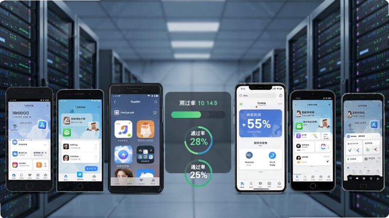 һ��iTestin�ƶ�App�Զ������Թ��ߵ��ƶ�������Ծ���ͼ������չʾ��̨��ͬƷ���ֻ����г��У���Ļ��ʾ��ͬApp���棬�����в��Խ�������ͨ���ʰٷֱȣ�����Ϊ�������ķ�����ִ��ģ��������������