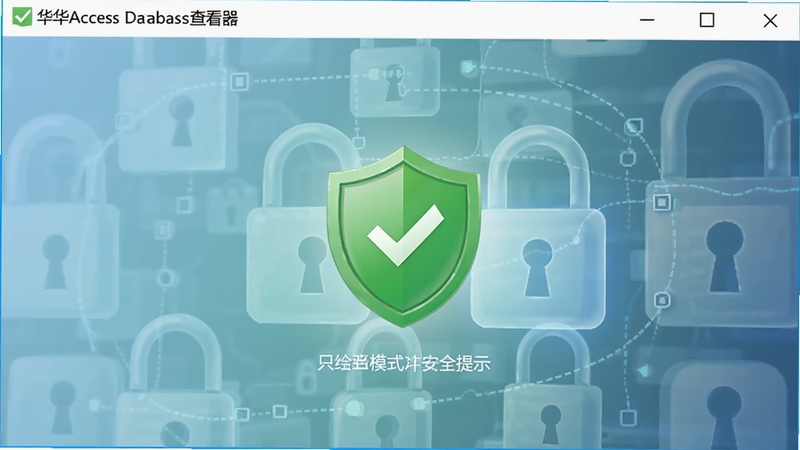 华华Access数据库查看器的安全提示界面,显示只读模式绿色盾牌图标,背景有数据保护锁图案,整体风格简洁明亮,软件名称出现在主窗口标题栏