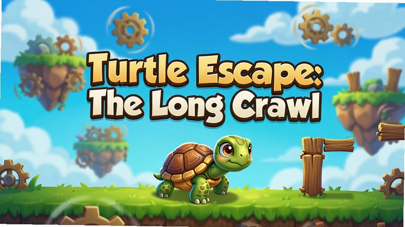 A vibrant and colorful game scene featuring a cute cartoon turtle with a detailed shell, standing on a grassy platform, surrounded by floating islands, spinning gears, and wooden obstacles, bright blue sky with fluffy clouds, soft lighting, high-quality mobile game art style, text 