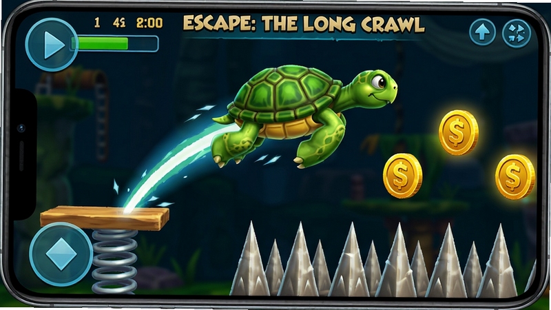 A close-up gameplay screenshot of Turtle Escape: The Long Crawl showing a green turtle mid-air jumping from a springboard, with a visible trajectory line, sharp spikes below, and golden coins floating around, vivid colors, dynamic action, mobile game UI elements, crisp details