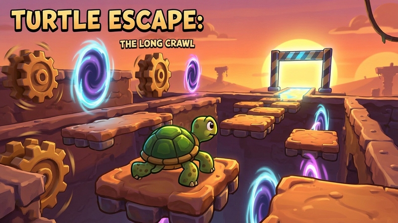 An illustrative image of Turtle Escape: The Long Crawl showing a turtle navigating through a maze of moving platforms, spinning gears, and portals, with a glowing finish line in the distance, warm sunset background, stylized cartoon graphics, detailed environment, game concept art style