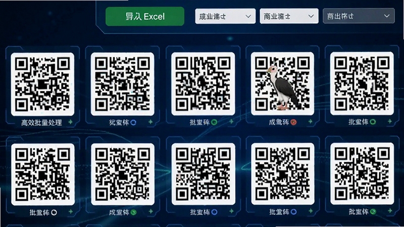 秃鹫二维码生成器批量生成界面,展示多个二维码整齐排列在网格中,上方有导入Excel按钮和导出格式选项,背景为深蓝色科技感,突出高效批量处理能力