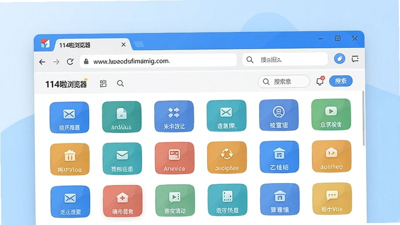 生成一幅扁平化风格浏览器软件预览图,画面中央是114啦浏览器的主界面,顶部有地址栏和搜索框,下方展示整齐的网址导航格子,背景为淡蓝色渐变,整体色调清新明亮,突出浏览器与导航的融合,画面细节丰富,无文字水印