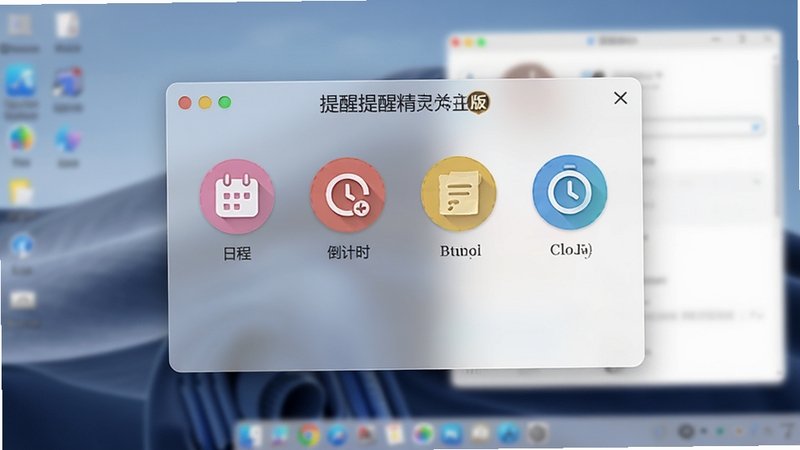 桌面提醒精灵 专业版主界面截图,画面中央是一个透明磨砂玻璃质感的悬浮窗,上面陈列着彩色圆形图标,分别代表日程、倒计时、便签和报时,背景是模糊的电脑桌面,整体风格清爽明亮,软件名称位于悬浮窗顶部,展示其专业版标识,符合现代桌面工具的美学设计。