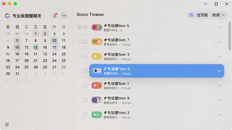桌面提醒精灵 专业版日程管理界面,左侧是迷你日历,右侧是当日时间轴列表,每项任务前有彩色标签,其中一条任务高亮显示弹窗预览,界面设计简洁,信息层级分明,色彩柔和,突出软件专业版的条理性和易用性。