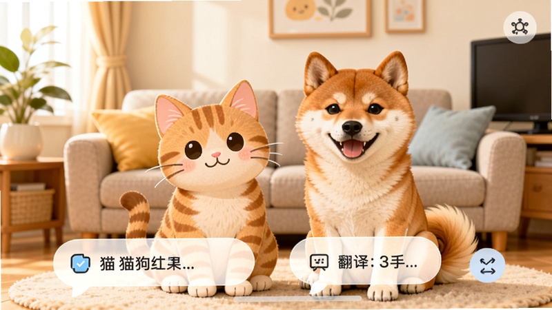 猫狗语言翻译助手主界面预览图,画面中央是一只可爱的橘猫和一只柴犬并排而坐,背景是温馨的客厅,界面下方显示翻译结果气泡,整体风格明亮活泼,UI设计简洁清晰,适配手机竖屏展示
