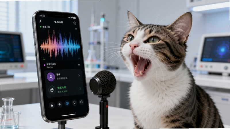 猫狗语言翻译助手声音识别功能展示图,画面中一只宠物猫对着手机话筒叫喊,手机屏幕上显示声波频谱和情感分析结果,背景为简洁的实验室风格,突出科技感与准确性