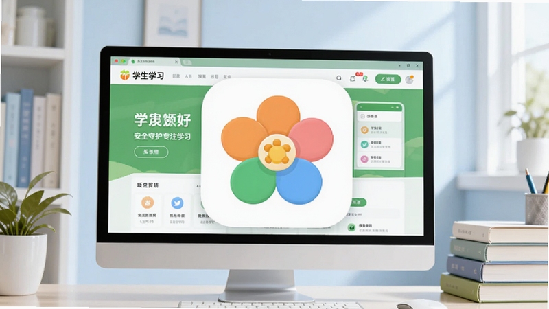 画面主体为一朵盛开的彩色花朵图标悬浮在电脑屏幕中央,屏幕上显示着清新的绿色学习网页界面,背景是干净明亮的书房一角和几本摞起的课本,整体色调以浅蓝和草绿为主,风格清新写实,突出花朵浏览器 学生版的安全守护与专注学习理念