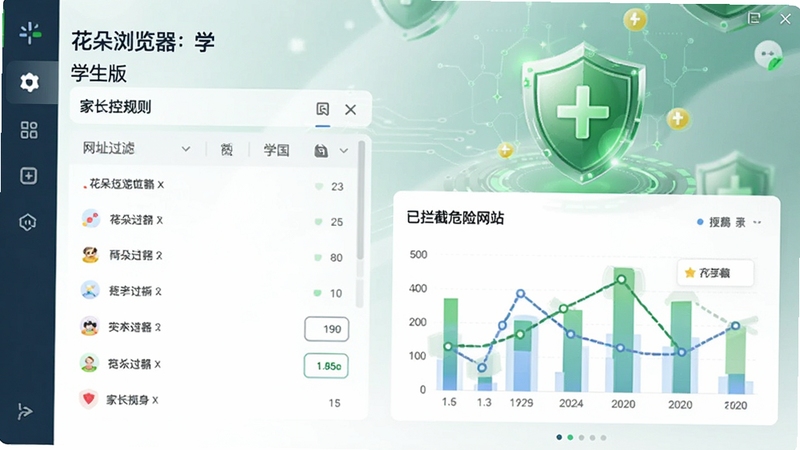 展示花朵浏览器 学生版的家长控制面板界面,左侧是网址过滤规则列表,右侧显示“已拦截危险网站”的统计图表,背景有代表安全防护的绿色盾牌图标,界面设计简洁清晰,科技感与亲和力并存