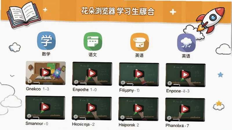 花朵浏览器 学生版的学习资源聚合页面截图,页面上整齐排列着数学、语文、英语等科目的图标,点击进入后展示视频课程列表,界面配色活泼明快,配有卡通书本和火箭装饰元素,风格扁平化设计