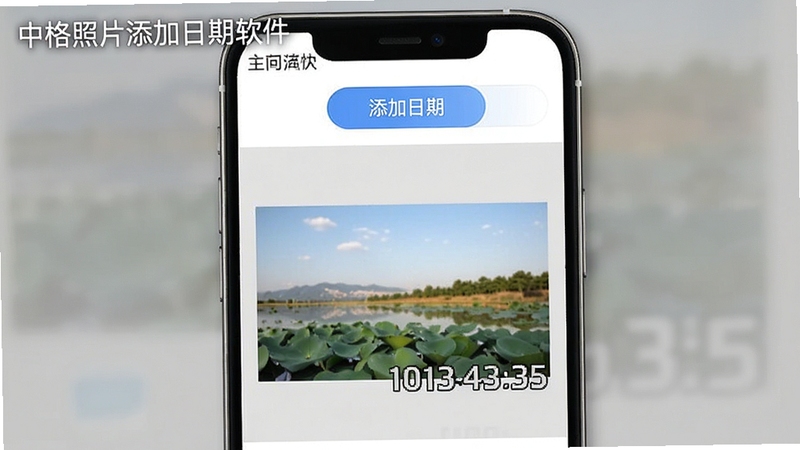 中格照片添加日期软件的主界面预览图,展示一款手机应用,界面以简洁白色为主,顶部有“添加日期”按钮,中间是照片预览区域,照片右下角显示醒目的日期水印,背景为浅灰色,整体风格清新实用,软件名称“中格照片添加日期软件”出现在界面左上角,画面主体突出,适合应用商店截图风格