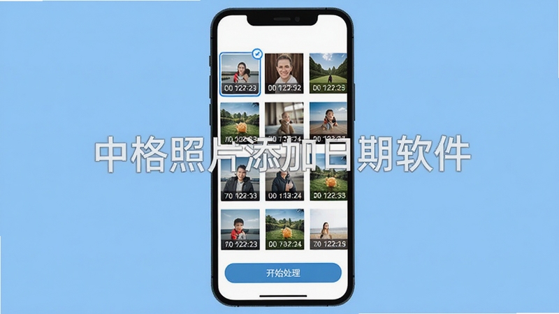 中格照片添加日期软件批量处理功能示意图,展示手机屏幕上同时选中多张照片缩略图,每张照片右下角都有日期水印,界面下方有“开始处理”按钮,背景为纯色浅蓝,软件名称“中格照片添加日期软件”以水印形式居中显示,画面简洁明了,突出批量操作的高效性
