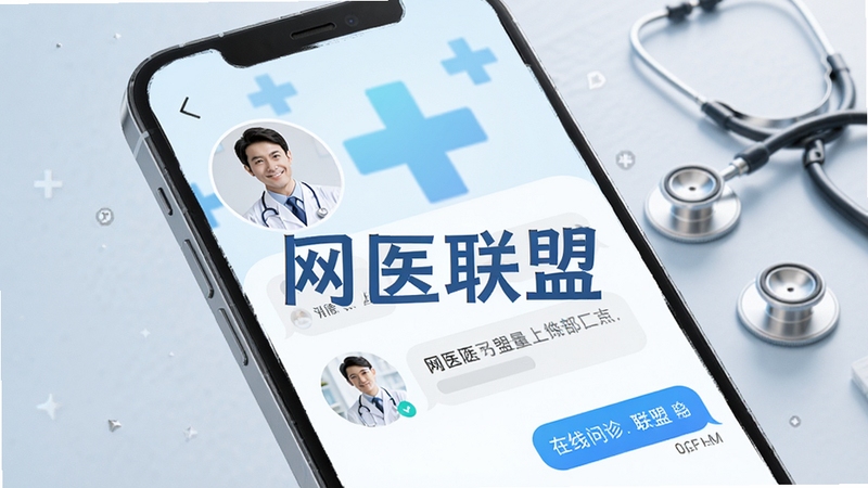 一个智能手机屏幕展示网医联盟APP的在线问诊界面,屏幕内有医生头像和聊天框,背景是淡蓝色的医疗十字标志和听诊器,画面中心突出APP名称“网医联盟”,整体风格简洁现代,光线柔和,数字渲染,高细节,8K画质