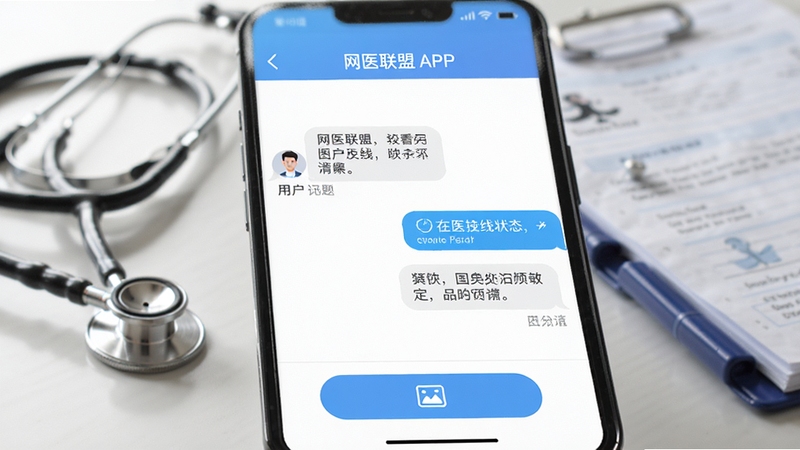 网医联盟APP的图文问诊聊天界面特写,左侧是用户提问的对话框,右侧是医生回复的对话框,背景有听诊器和病历本,界面下方有图片上传按钮,画面清晰展示医生在线状态,写实风格,柔和自然光,浅景深效果