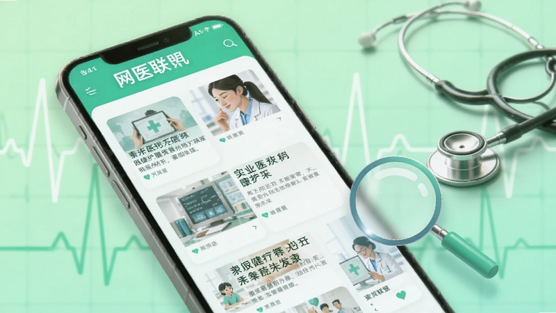 网医联盟APP的健康资讯页面滑动展示,屏幕上显示多篇医学文章标题和配图,背景是浅绿色的心电图线条和听诊器,画面中有放大镜图标强调搜索功能,整体色调清新,符合医疗健康主题,数字艺术风格