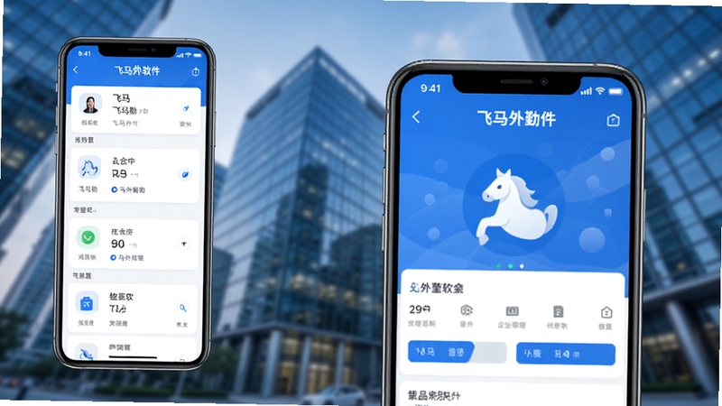 飞马外勤软件主界面展示,画面左侧为手机应用列表,右侧为放大的飞马外勤APP界面截图,背景为模糊的现代城市办公楼宇,整体色调以蓝色和白色为主,科技感十足,突出软件在企业管理中的核心作用