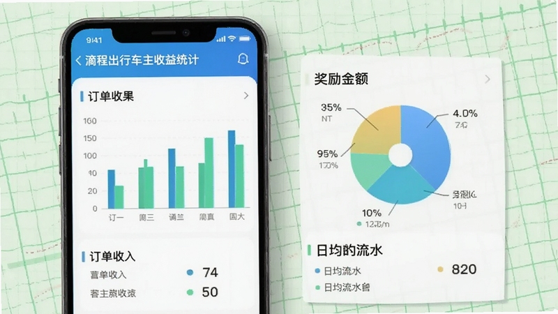滴程出行车主收益统计页面预览,画面中手机屏幕显示柱状图与饼图,包含订单收入、奖励金额、日均流水等数据模块,背景为淡绿色网格纸风格,突出数据分析的直观性。