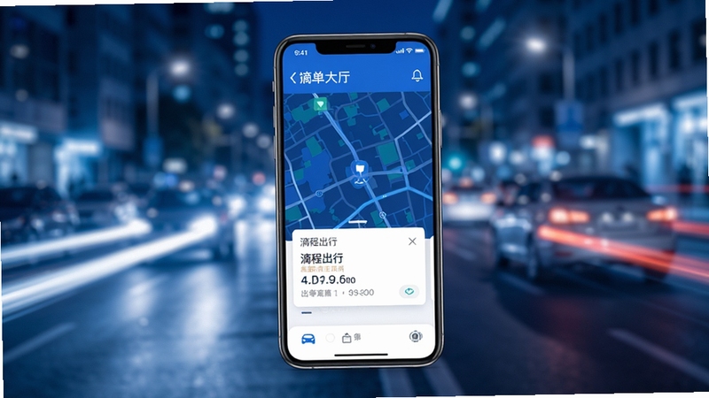 滴程出行车主主界面预览图,画面中央是一部智能手机屏幕显示接单大厅地图与订单卡片,背景为城市街道模糊光影,整体色调蓝白相间,干净明亮,突出出行科技感。