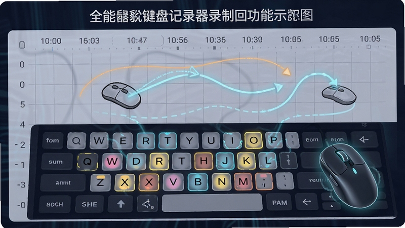 全能鼠标键盘记录器录制回放功能示意图,显示鼠标轨迹动画与键盘按键高亮,背景为操作时间轴网格,流畅的线条与按键反馈效果