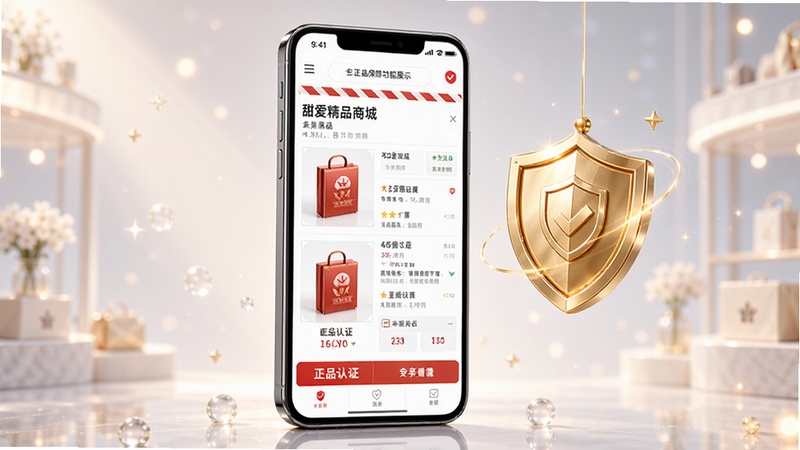 甜爱精品商城正品保障功能展示,画面中央为一个放大的手机屏幕,屏幕内显示商品详情页带有正品认证标识,旁边悬浮着金色盾牌图标,背景为柔和光线,突出安全可靠氛围,产品渲染风格,高细节