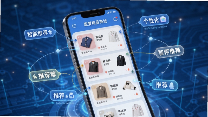 甜爱精品商城智能推荐功能,手机屏幕展示个性化商品列表,周围有大数据连接线和推荐标签,背景为科技蓝色调,未来感设计,界面清晰,3D渲染风格