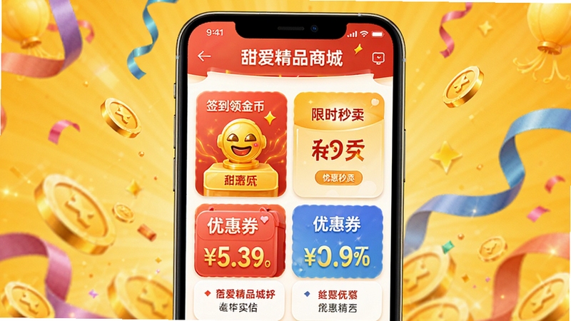 甜爱精品商城优惠活动界面,手机屏幕显示签到领金币、限时秒杀、优惠券等模块,周围有彩带和金币特效,背景为暖黄色,喜庆氛围,UI设计活泼,高清晰度