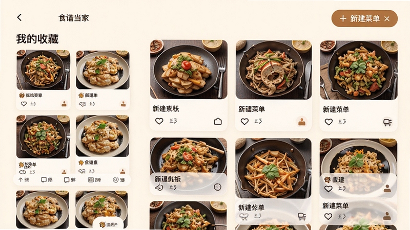 ʳ�׵���APP�ġ��ҵ��ղء�ҳ�棬չʾ�û�����Ķ�����׿�Ƭ����������б��������ϲ��֣������С��½��˵�����ť����������ܰʵ�ã����ָ��Ի��������ܡ�