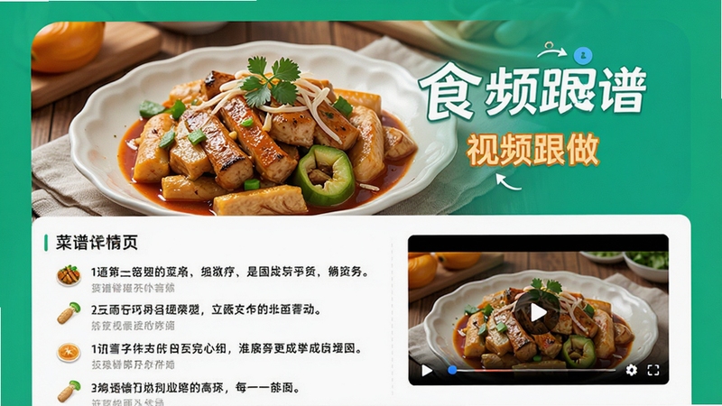 ʳ�׵���APP�ڲ�������ҳչʾ���Ϸ�Ϊ��Ʒ��Ʒ��ͼ���·�Ϊ������������Ƶ���Ŵ��ڣ����沼�ֺ�����ǿ������Ƶ���������ܣ�����ɫ�����ޣ�ͻ����ѧֱ���ԡ�