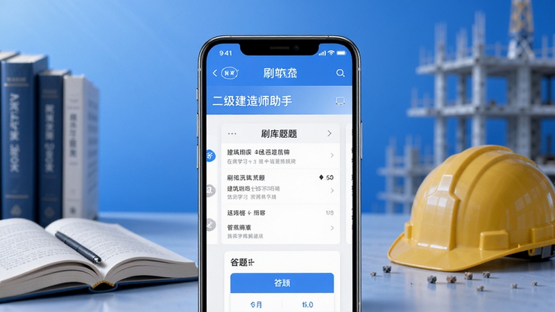 创作一幅展示二级建造师助手软件核心功能的宣传预览图,画面主体为智能手机屏幕显示刷题界面,屏幕上有题库列表和答题卡,背景为渐变的蓝色学习场景,配有书本、安全帽等建筑元素,整体风格清爽专业,突出在线学习与建筑行业特色。