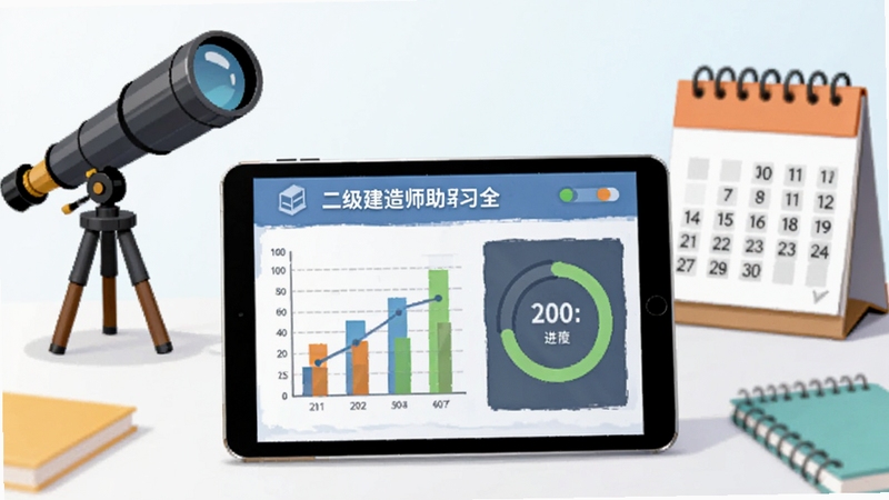 生成一张二级建造师助手学习数据统计界面的示意图,画面中平板电脑展示图表和进度环,背景为简洁的办公桌面,配有望远镜和日历元素,色彩明快,体现数据化学习管理理念。