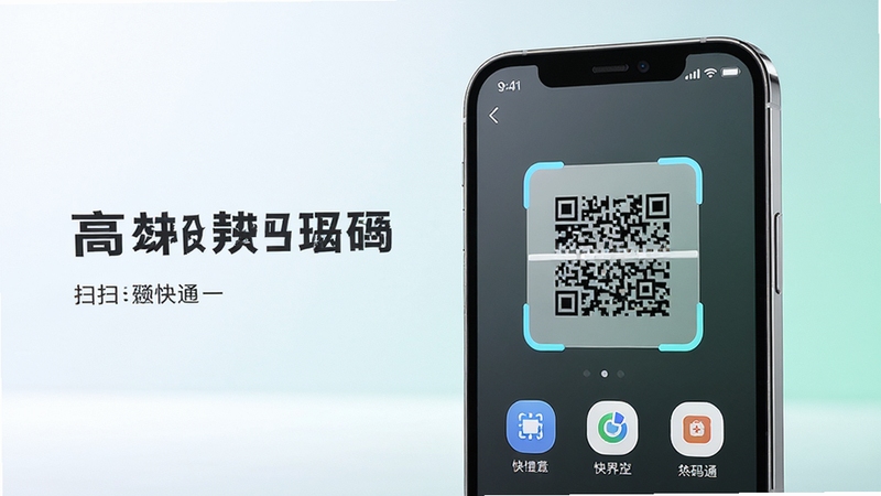 扫一扫二维码快码通主界面预览图,手机屏幕占据画面中央偏右,背景为干净的渐变色工作室环境,界面显示清晰的扫码框和几个功能图标,光线明亮,细节丰富,整体风格现代简约,突出高效扫码的核心功能。