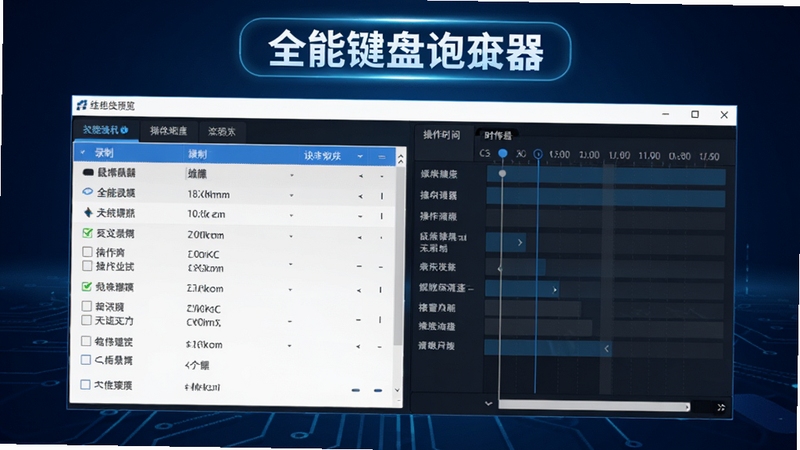 全能鼠标键盘记录器主界面预览图,画面中央显示软件主控制面板,左侧为录制列表,右侧为操作时间轴,背景为深蓝色科技感渐变,整体风格简洁清晰,软件名称以高光标识显示在窗口顶部