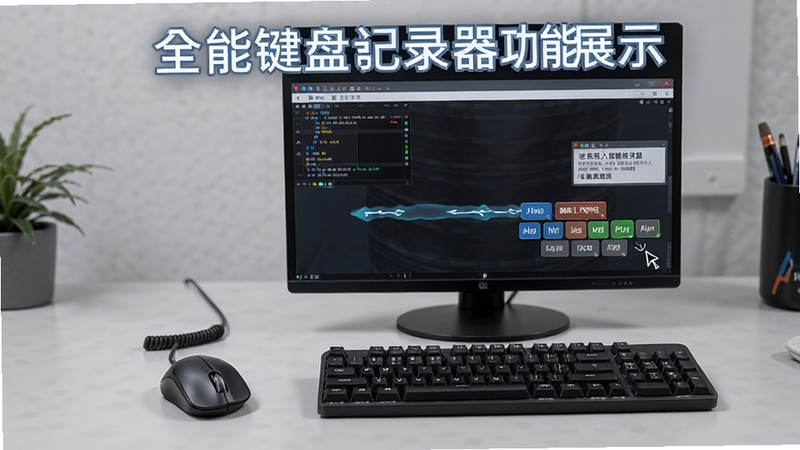 全能鼠标键盘记录器功能展示图,显示软件正在录制鼠标点击和键盘按键的过程,屏幕上出现高亮的操作轨迹线和按键提示框,背景为浅灰色工作台,鼠标与键盘实体产品摆放在画面一侧,软件名称浮现在画面上方